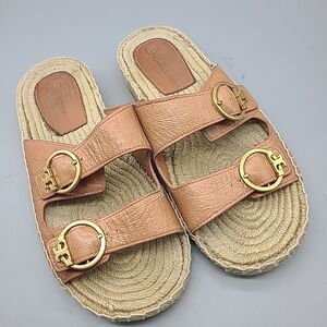 Tory Burch Selby sandals Espadrille Flats Strappy Ring Logo coral leather sz 8